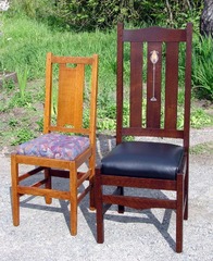 Side chair shown with original Gustav Stickley "H-back" dining chair for scale.  